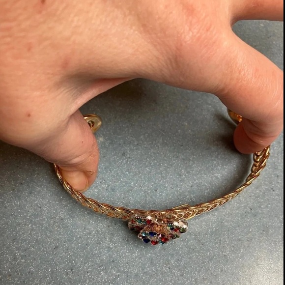 RARE Vintage Estate 18K Gold Multi Color Gemstone Flower Bangle Cuff Bracelet - Picture 4 of 12